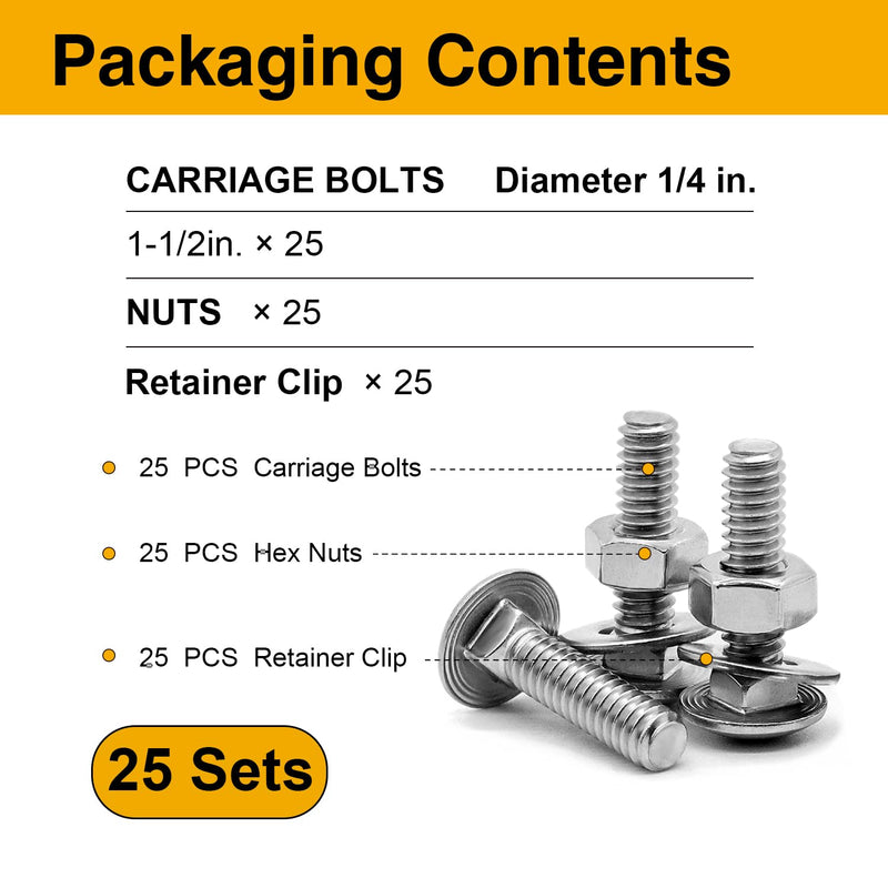 [Australia - AusPower] - 25Pcs Carriage Bolts 1/4-20x1-1/2 Inch, 304 Stainless Steel Full Thread with Round Head Square Neck, Hex Nuts & Washers for Woodworking, Furniture, and Outdoor Projects 25Pcs 1/4-20x1-1/2 