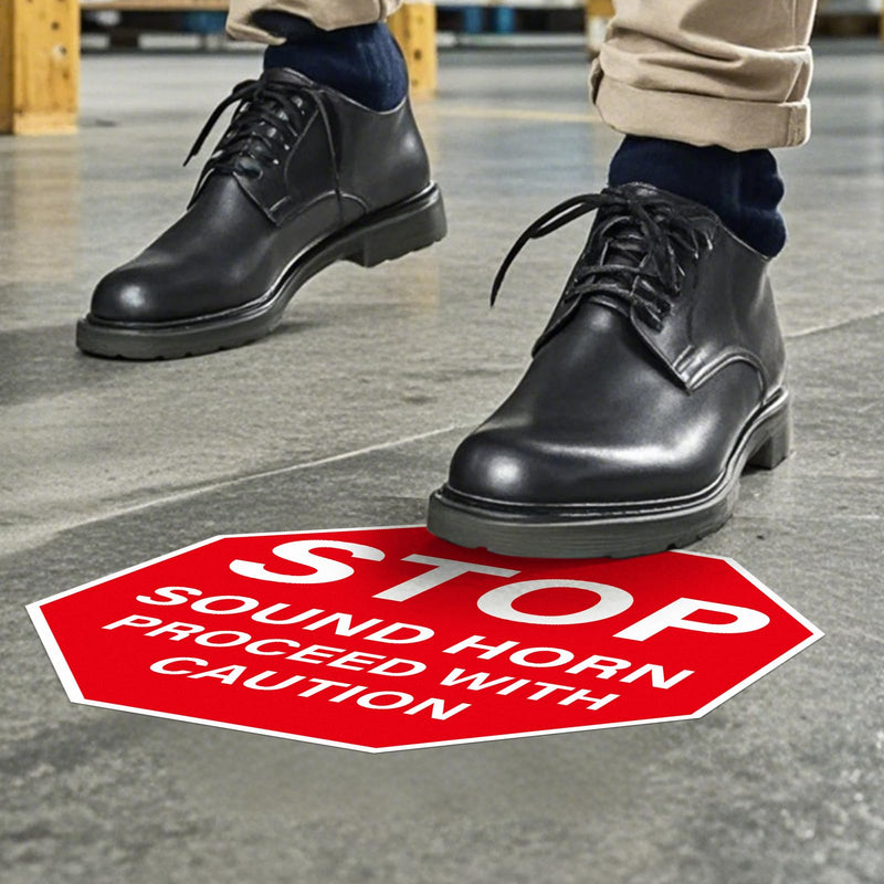 5 Pack Stop Sound Horn Proceed With Caution Sign Anti-Slip Traffic Floor Sticker 17 × 17 Inches Self Adhesive Vinyl Waterproof Signage for Workplace Warehouse Construction Site