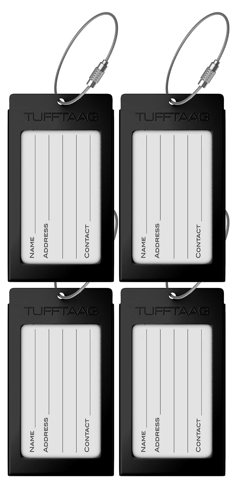 Luggage Tags Business Card Holder by TUFFTAAG - Durable Travel ID Bag Tag, SS-Black, 4 Pack 4pk Ss-black