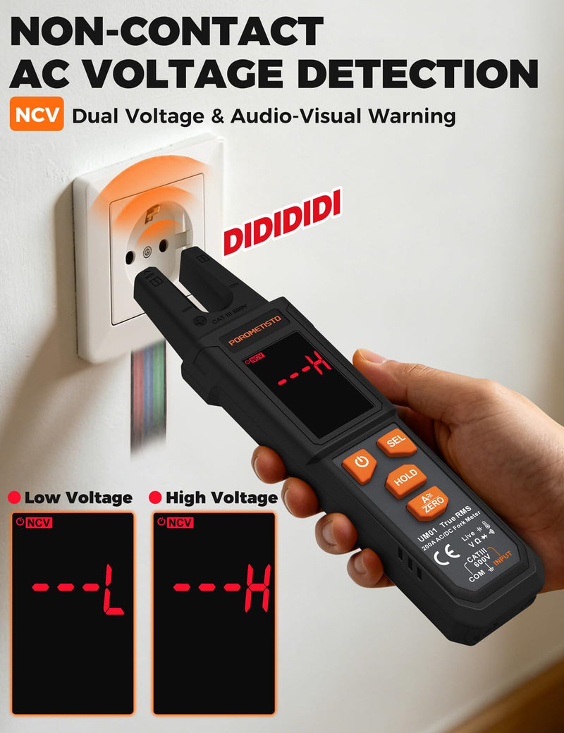 UM01 True RMS AC/DC Digital Current Clamp | U-shaped clamping jaw, AUTO detection, NCV, live phase detection – clamp multimeter & ammeter clamp in one.