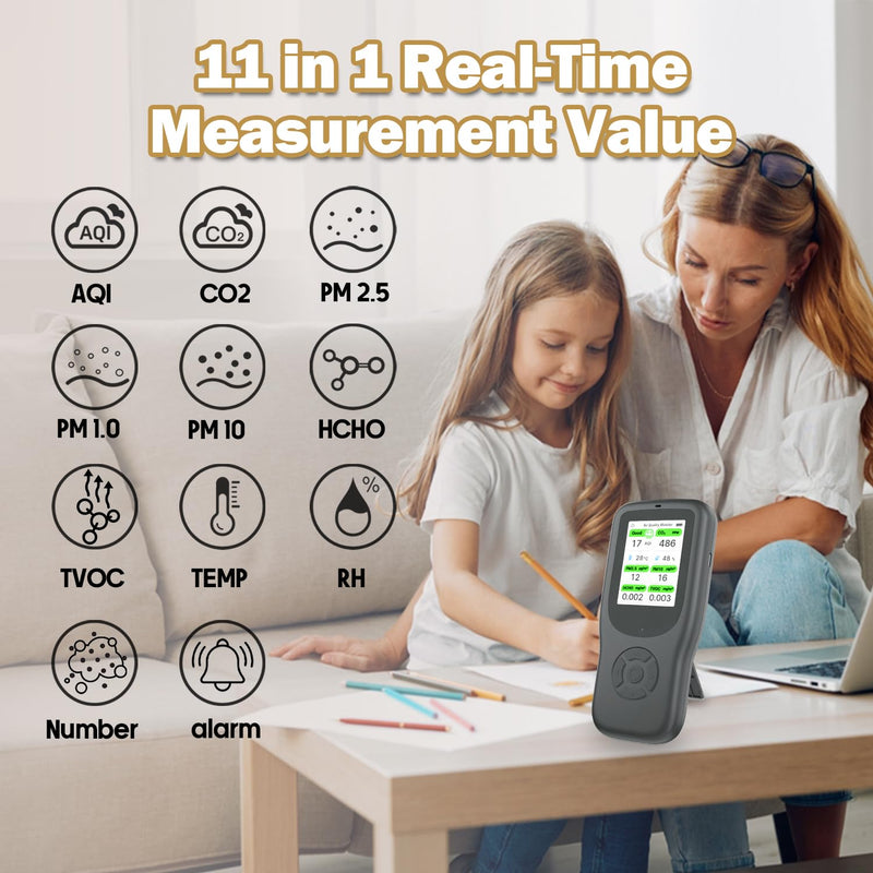 [Australia - AusPower] - 11-in-1 Air Quality Monitor - Portable Indoor Air Quality Detector with Stand, Real-Time Test for AQI, CO2, PM2.5, PM1.0, PM10, TVOC, HCHO, Particles, Temperature & Humidity with Aler (Black-White) Black-White 