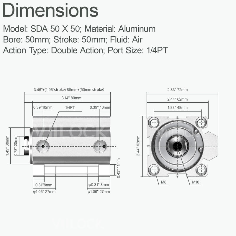 [Australia - AusPower] - Pneumatic Air Cylinder 50mm Bore 50mm Stroke, Thin Air Cylinder Double Action Hydraulic Cylinders SDA 50 X 50 50mm x 50mm 