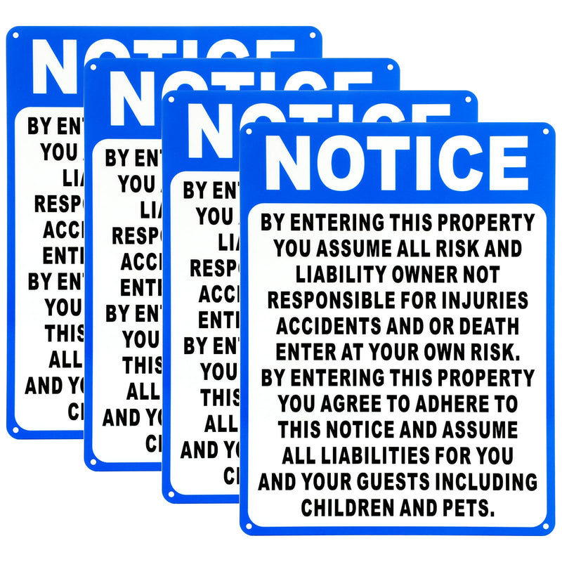 4 Pcs Not Responsible for Accidents or Injuries Sign Aluminum Enter at Your Own Risk Warning Sign 9 x 12 Inches Notice by Entering This Property for Lost or Stolen Items 4