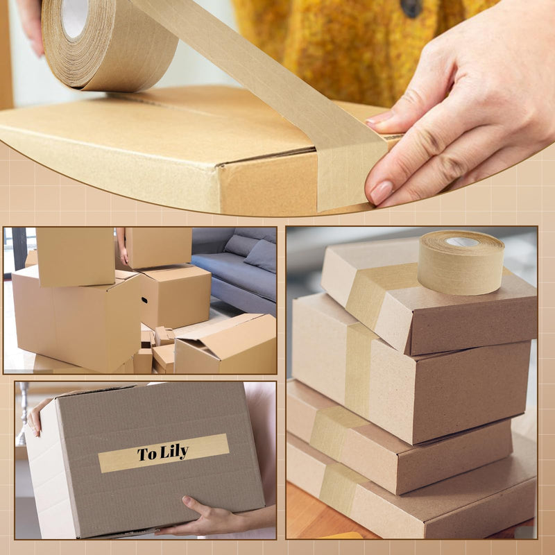 Reinforced Water Activated Gummed Kraft Paper Tape,1.9 inch x 49.2 yd Brown Packing Tape for Heavy Duty Secure Packing and Shipping