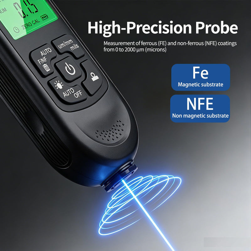 Digital Coating Thickness Gauge, Precise Paint Thickness Gauge Car with LCD Display, Measuring Range 0-2000µm, Suitable for Body, Iron and Aluminum Surfaces