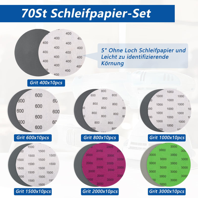 [Australia - AusPower] - VIBRATITE Pack of 70 Sandpaper 125 mm Velcro, Wet and Dry Sanding Discs, Grit 400 600 800 1000 1500 2000 3000, Without Hole Round Sandpaper for Car Metal Wood Grit 400/600/800/1000/1500/2000/3000 