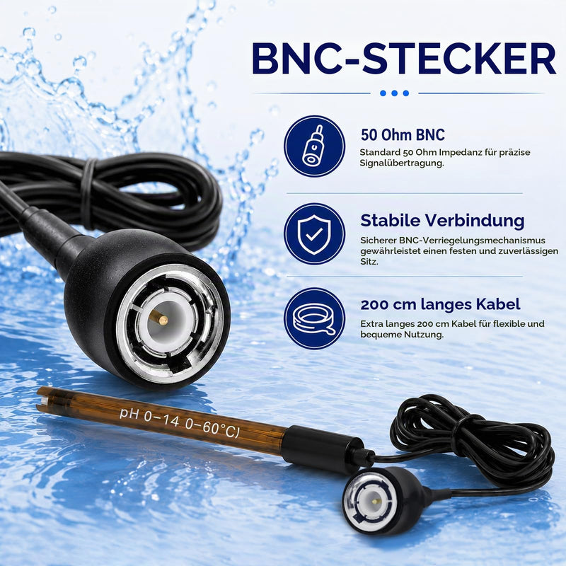 High Accuracy Combination pH Electrode for Continuous pH Monitoring, 0-14 pH Probe with 200 cm Long BNC Connection Cable & Calibration Powder Replacement Kit 200 cm cable