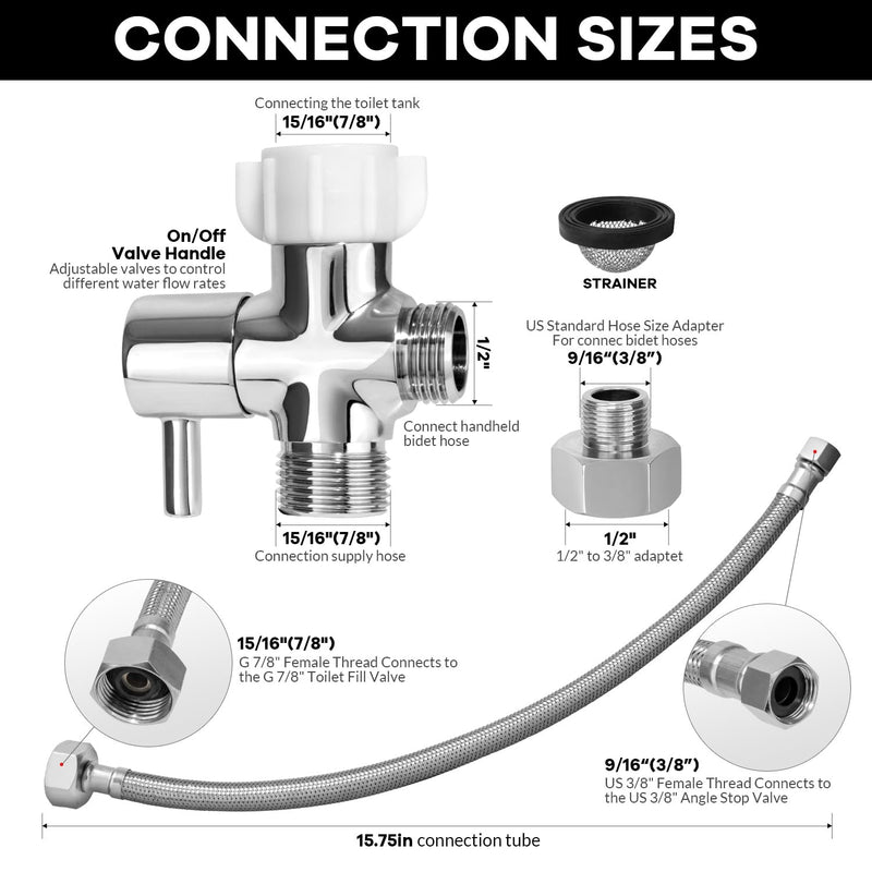 Bidet T Adapter with Shut off Valve,Metal T Valve for Bidet 7/8” X 7/8” X 1/2”or 3/8” with 15.75 Inch Flexible Toilet Connector, Tee Connector Bidet Attachment for Toilet