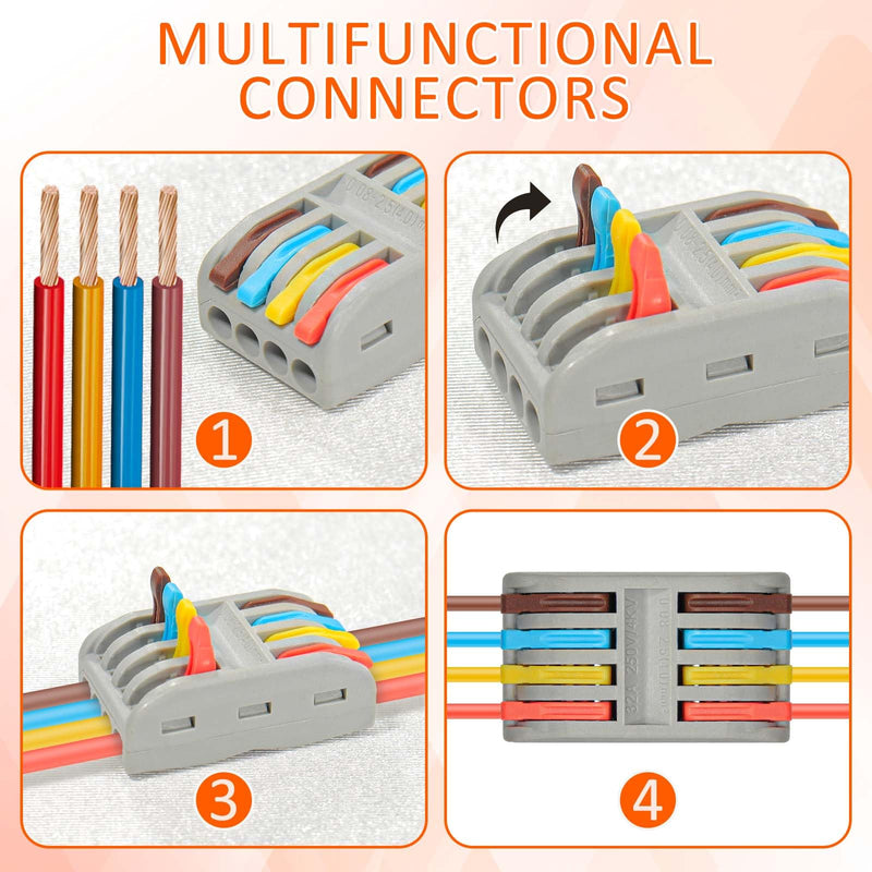 Wire Connectors Nuts, 30pcs 4 Conductor Compact Splicing Wire Connectors, 4 in 4 Out Lever Wire Nut, 4 Circuit Inline Splices 28-12 AWG PCT224-30PCS