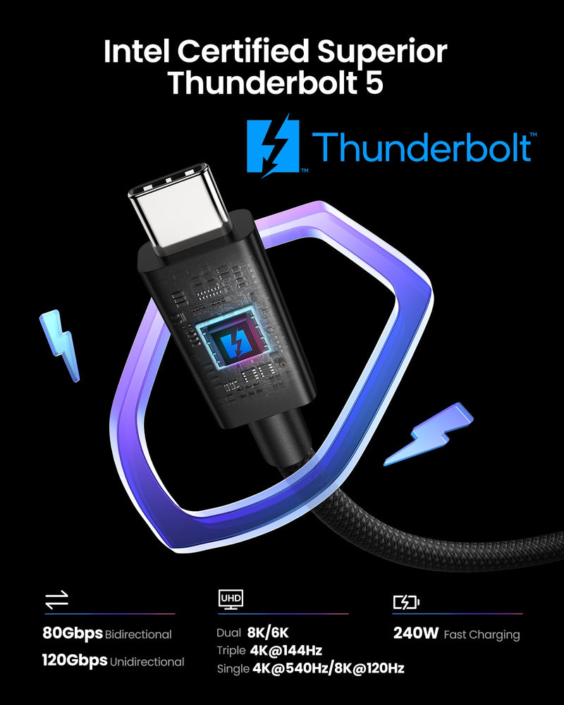 Silkland Intel Certified Thunderbolt 5 Cable 80Gbps, up to 120Gbps Bandwidth for 16K/Dual 8K, 240W, Prime Braided Thunderbolt Cable Compatible for Thunderbolt 4/3, USB4, USB C,SSD,MacBook M4 Pro,3.3FT