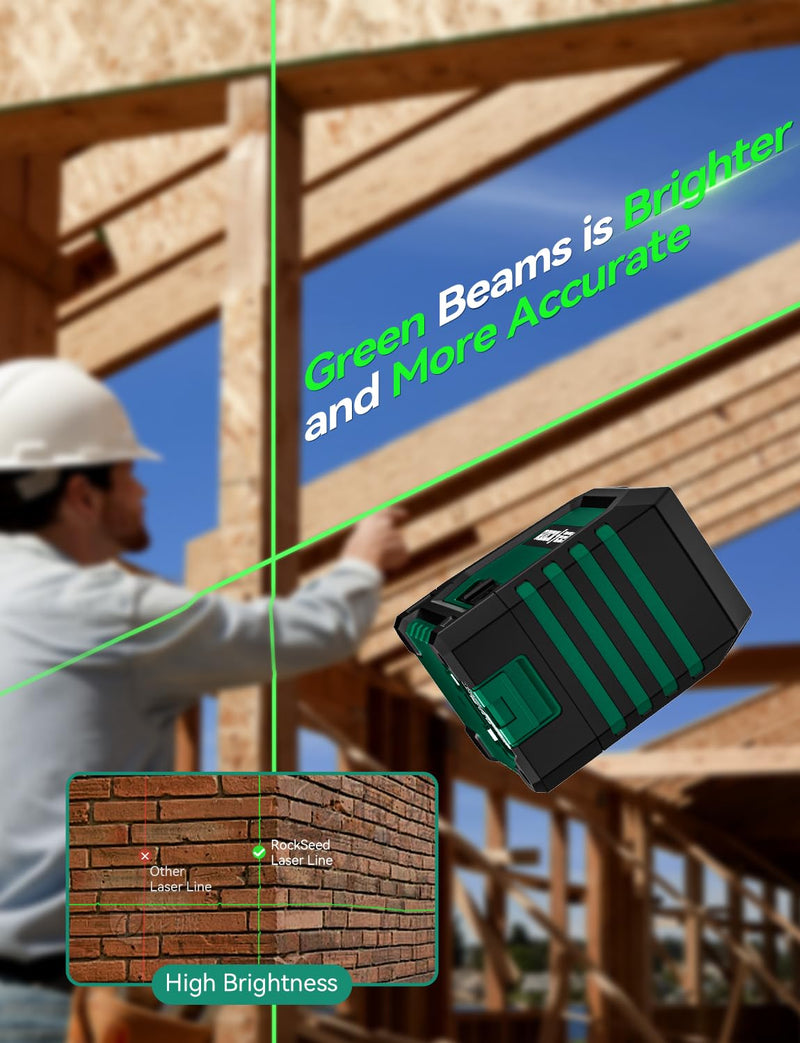 [Australia - AusPower] - RockSeed Dual Modules Line Laser, Self Leveling Laser Level, Horizontal and 150° Vertical Green Beam, 2 AA Batteries, Carrying Bag, for Home Decoration/DIY/Construction Site LV02G 