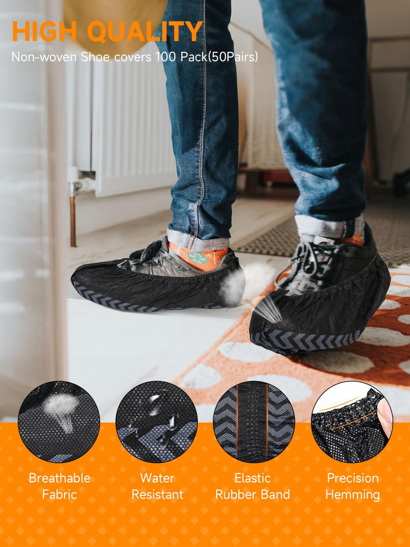 TOOSOFt Black Non-Woven Fabric Shoe Covers 100 x Reusable Covers Shoes | Non-slip overshoes with tread pattern - shoe covers extra tear-resistant and waterproof for indoor and outdoor use