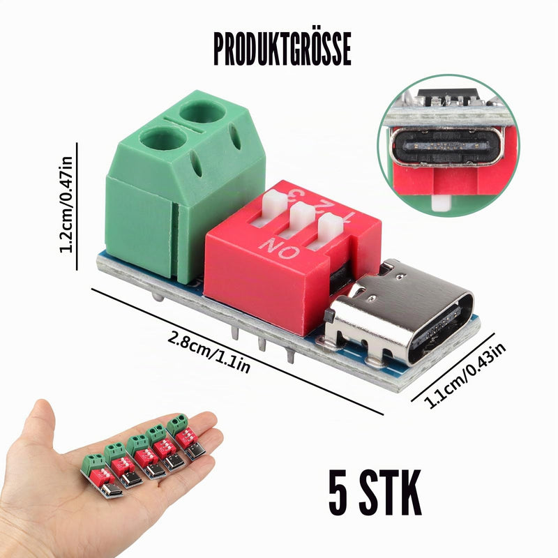 Pack of 5 USB-C PD Trigger Board Module, PD/QC Decoy Board with DIP Switch, USB-C to 5V 9V 12V 15V 20V Power Delivery Boost Module Compatible with PD 3.0/2.0 and QC