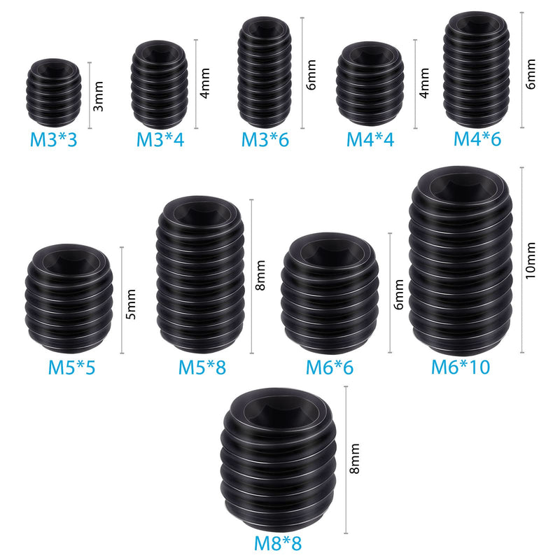 [Australia - AusPower] - 200Pcs Allen Head Socket Set Screws Internal Hex Drive Cup Point Grub Screw Assortment Kit Metric M3/M4/M5/M6/M8 Black 