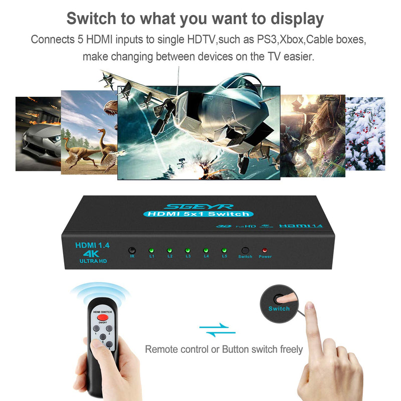 [Australia - AusPower] - HDMI Switch SGEYR 5x1 HDMI Switcher 5 in 1 Out HDMI Switch Selector 5 Port Box with IR Remote Control HDMI 1.4 HDCP 1.4 Support 4K@30Hz Ultra HD 3D 2160P 1080P Blue 