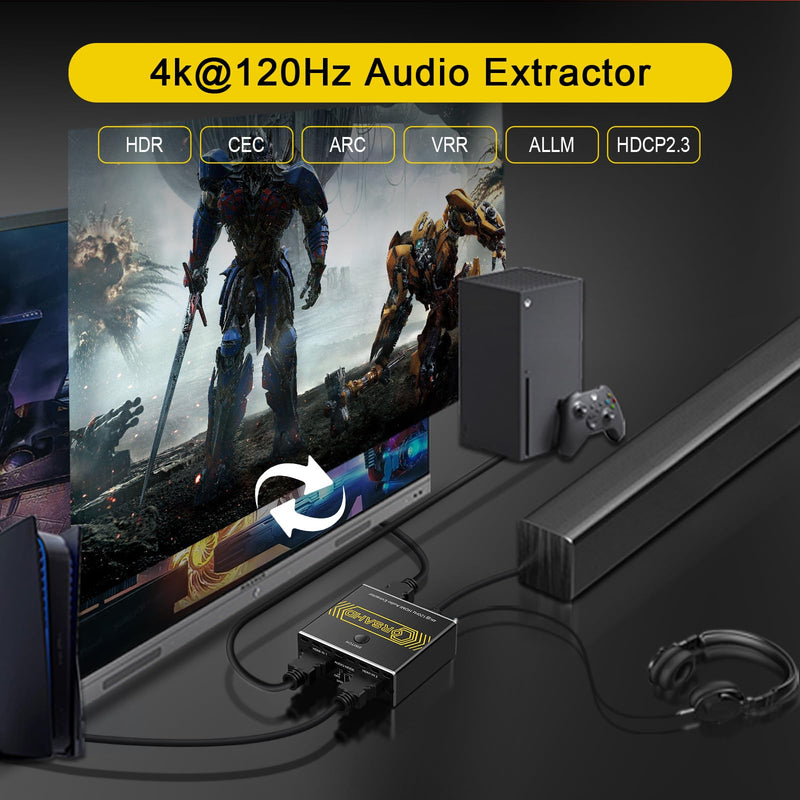 8K@60Hz 4K@120Hz HDMI2.1 Audio Extractor 2 in 1 Out Switch,48 Gbps,HDCP 2.3, SPDIF 5.1Ch,L/R 2.1Ch,Supports,ARC TV Apps,VRR,ALLM,HDCP Bypass,HDR,Dolby Vision Atmos,Soundbar,Graphics Card