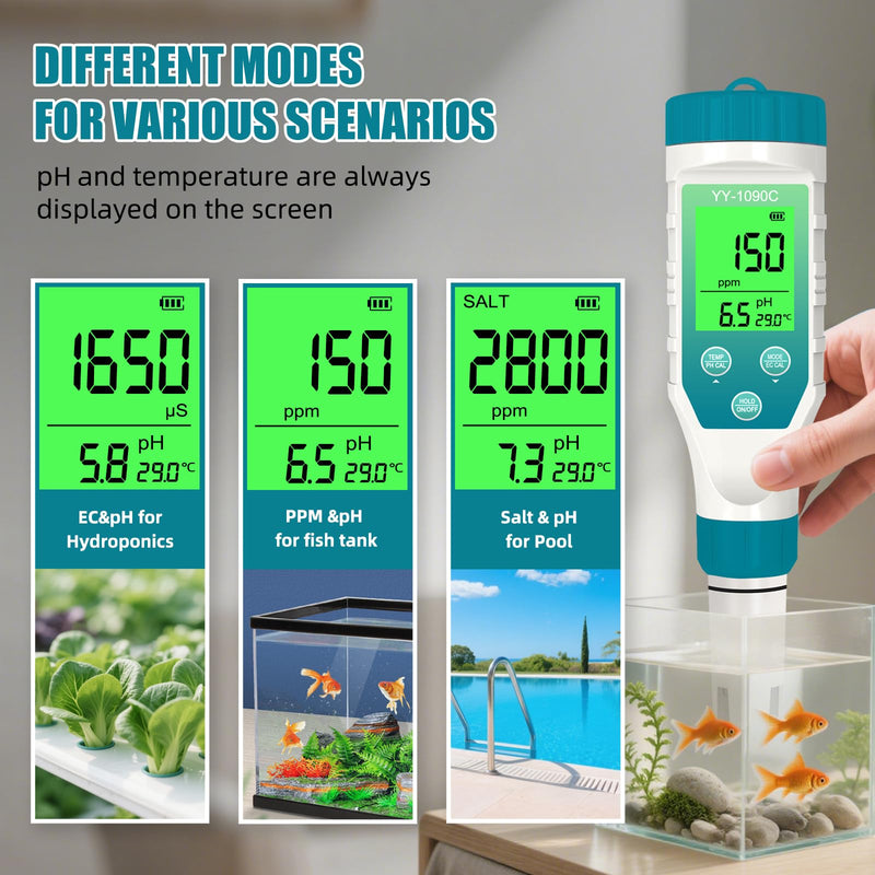[Australia - AusPower] - 5-in-1 Digital Pool Water Tester, Salinity & pH Meter with 12.88mS Calibration Solution – Saltwater Pool & Spa Monitor, TDS EC Temp Tester for Hot Tubs, Aquariums, Hydroponics 