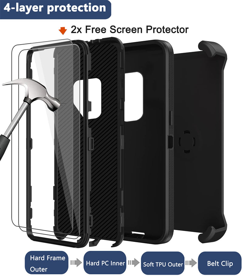 [Australia - AusPower] - for Samsung Galaxy S9 Plus Case with Belt Clip Holster, 2X Screen Protector, Military Grade Protection Heavy Duty Full Body Shockproof Rugged Protective Cover for Samsung Galaxy S9+ Plus (Black) Black 