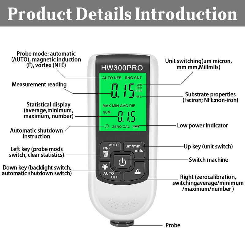 [Australia - AusPower] - Infreecs Digital Coating Thickness Gauge, Car Paint Gauge, 0-2000UM Paint Thickness Gauge, Paint Thickness Gauge with LCD Display Fe & NF for Measuring Paint Thickness in the Automotive Industry 
