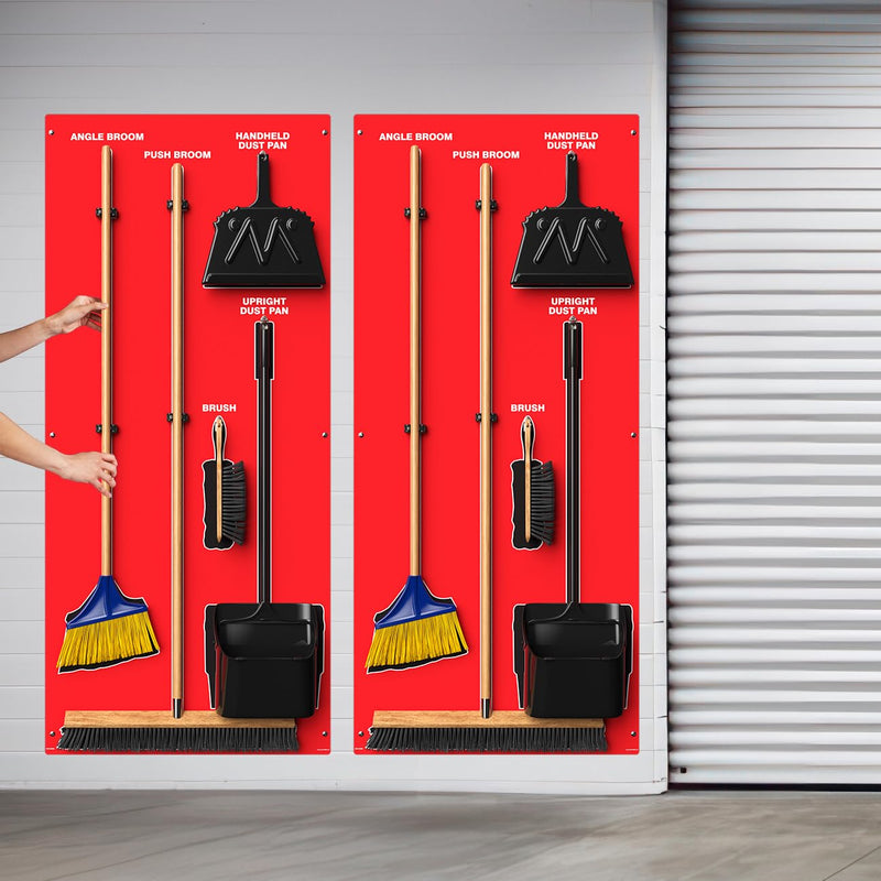 Clean & Sweep 5S Shadow Board/Wall Mount Broom Holder, 68" x 30" Board, 5S Cleaning Station - with Broom and Dustpan Set Included, Made in The USA by AccuformNMC, Red/Black, PSB616RDBK