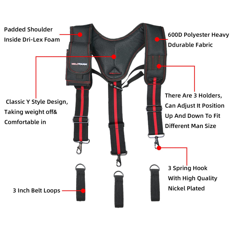 MELOTOUGH Tool Belt Suspenders for Work Belt Suspenders Heavy Duty Padded Suspenders for Electrician/Construction/Farmer Red Color