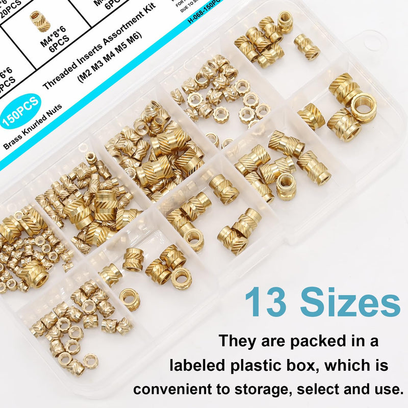 150PCS Threaded Inserts Assortment Kit, M2 M3 M4 M5 M6 Female Thread Brass Metric Knurled Nuts, Heat Set Insert for Plastic Parts & 3D Printing Components