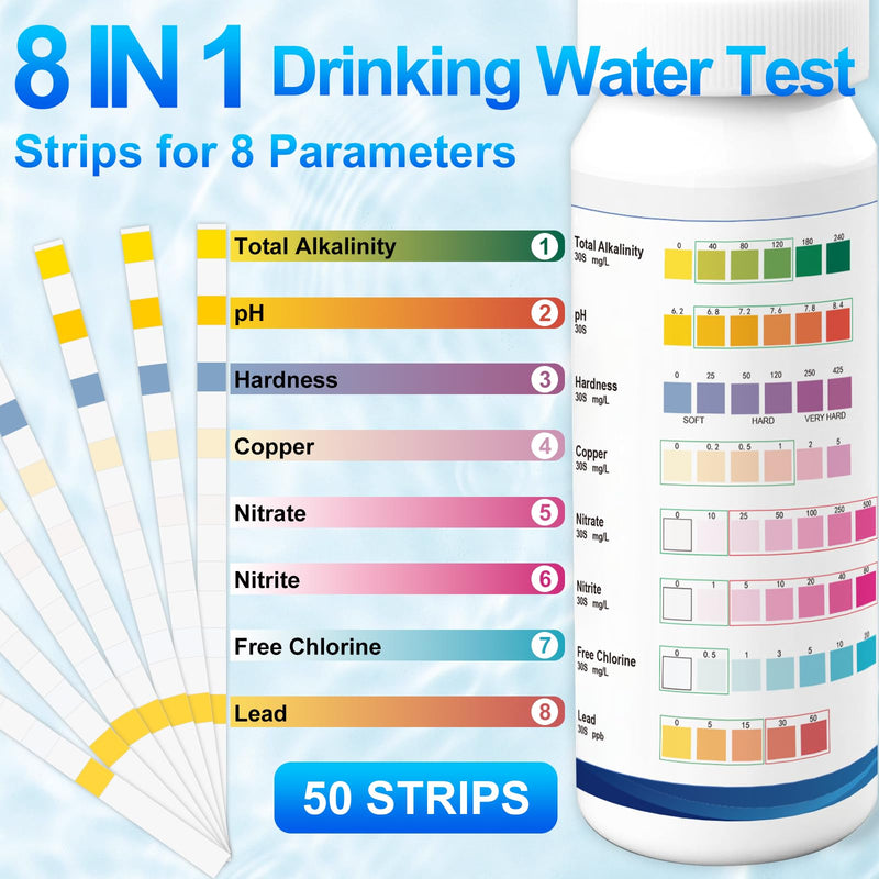 Lead Water Test Kit 2026 Upgraded 8 in 1 Home Drinking Water Testing Kits 50pcs, House Tap and Well Water Hardness Tester, Lead Test Strips for Alkalinity, pH, Copper, Nitrite&Chlorine 50pcs Box