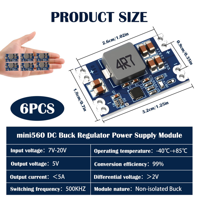 [Australia - AusPower] - 6 x DC-DC Step Down Converter, 5 V Output, Step Down Converter, Mini 560, High Efficiency and Stability, Voltage Regulator Adjustable, Suitable for Industrial Patch Use 