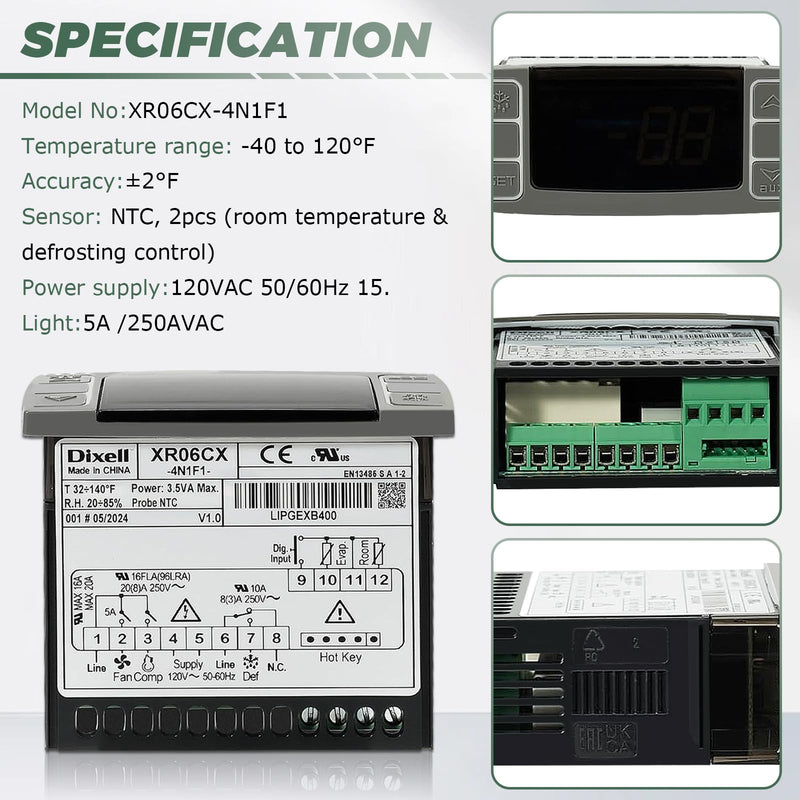 [Australia - AusPower] - for Dixell Temperature Controllers, XR06CX-4N1F1 Digital Thermostat with Sensor Probe - 120V, Compatible with Dixell and 50-60hz Commercial Refrigerators/Freezers (Includes Mounting Hardware) 