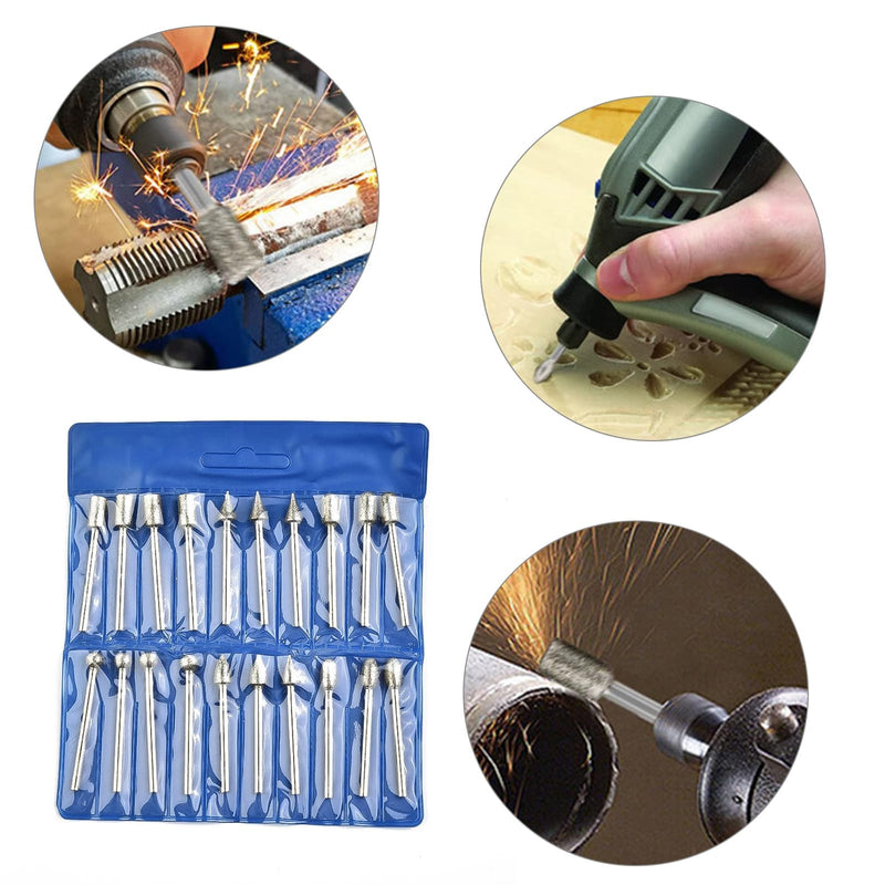 [Australia - AusPower] - VZU Diamond Cutter Set, 20 Pieces Diamond Burrs with 1/8 Inch Shank Grinding Attachments for Dremel Rotary Tool, Diamond Grinding Pins for Stone, Glass, Ceramic, Grinding, Polishing and Engraving 