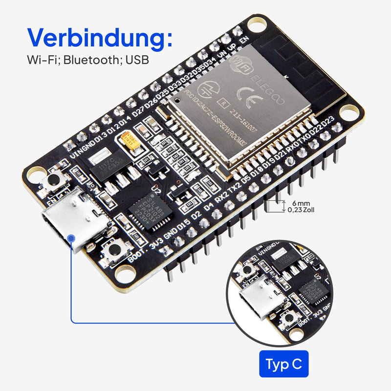 ELEGOO ESP-32 Starter Kit with Tutorial & Board Compatible with Arduino IDE | Development Board USB-C Dual-Core Microcontroller Support AP/STA/AP+STA, CP2102 Chip for Maker & DIY Projects