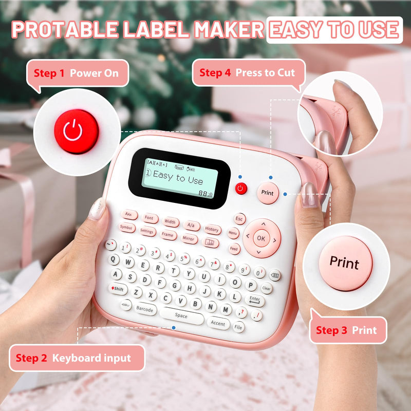 Pink Label Maker Machine with-Tape Waterproof, Portable Kids Label Maker, Keyboard Labeler Handheld, D210S Easy Labeler Machine with Multiple Fonts Frame Barcode for Home Office School Supplies Pink Label Maker label maker with 1 tape