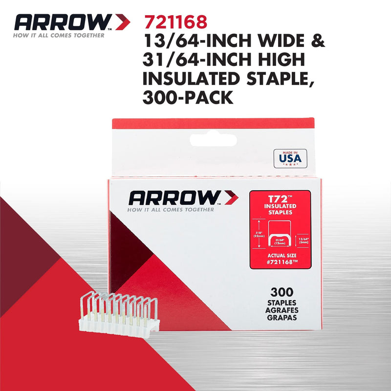 Arrow 721168 T72 Heavy Duty Steel Insulated Staples for Installing Cable and Wiring, 13/64-Inch by 31/64-Inch Crown Width, 300-Pack 13/64 Inch X 31/64 Inch