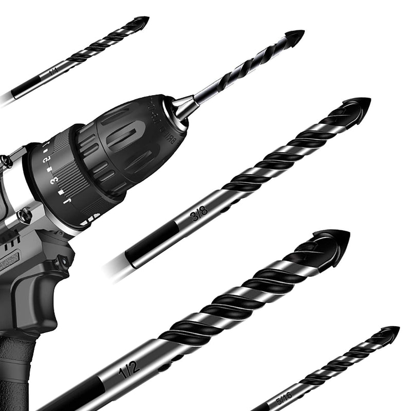 [Australia - AusPower] - 10-Piece Masonry Drill Bits Set for Tile Glass Ceramic Brick Wood, 1/8 to 1/2 Inch Drilling Bits with Triangle Handle, YG8 Tungsten Steel Alloy Tip.?Black? 10 Piece Masonry Drill Bit 
