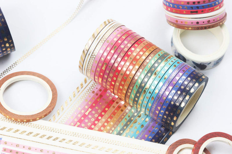 24 Rolls Washi Tape Set Foil Gold Skinny Decorative Masking Tape 3MM Wide Scrapbook Tape for DIY Craft Art Projects Journal Gift Wrapping