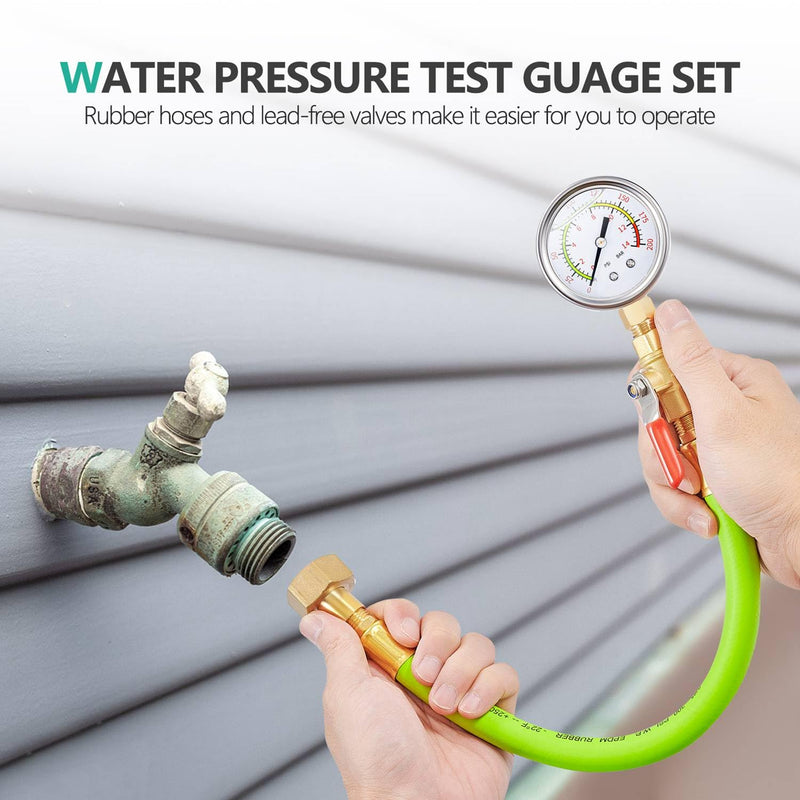 [Australia - AusPower] - Stainless Steel Water Test Pressure Gauge Kit 2" Dial Size,Guage+12"EPDM Rubber+1/4"LF Valve+1/4 to 3/4 Adapter,Lower Mount with Liquid Filled 0~200PSI(Color Coded) Gauge+1/4"valve+Rubber hose+Adapter 