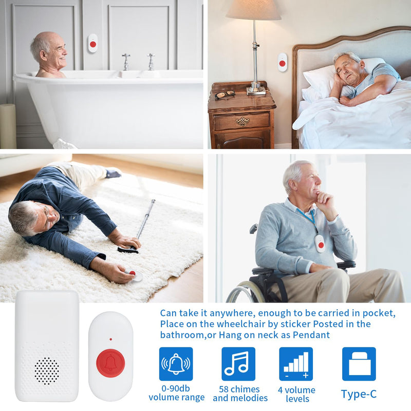 Wireless Caregiver Pager Nurse Alert System SOS Call Button Vibration Pager Nurse Calling Alert System with 58 Melodies 4 Adjust Volume Levels for Patients Seniors Elderly Monitoring at Home 1 Receiver 1 Call Button