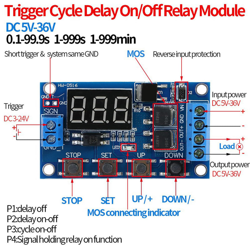 Akozon Timer Module, DC 5V-36V Trigger Cycle Delay Timer Switch Turn On/Off Relay Module with LED Display