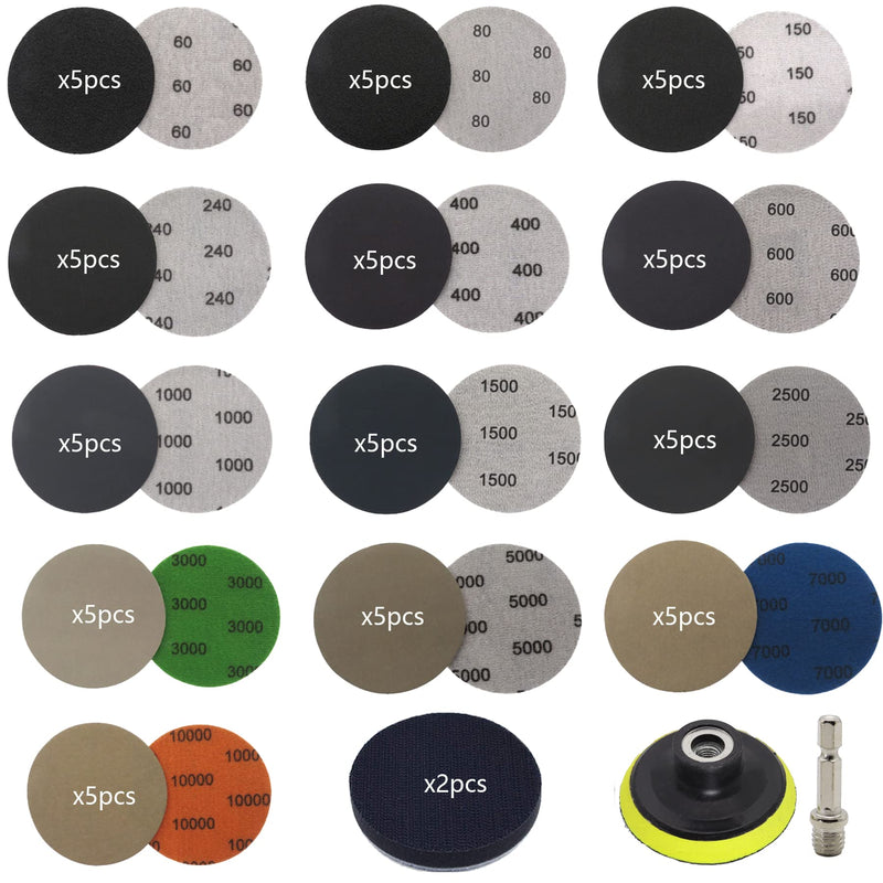 [Australia - AusPower] - 65pcs Sandpaper 3Inch Sanding Disc 60-10000 Grit Wet Dry Sandpaper with M10 Backing Pad,2pcs Interface Pad for Wood Metal Mirror Jewelry Car Polishing Headlight Cleaner Set 74pcs-3inch 