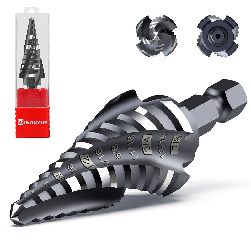 M35 Cobalt Step Drill Bit Set, Four Spiral Flute Cobalt Step Drill Bit, 3/16”-7/8" Impact Unibit Bit,for for Stainless Steel, Wood,Stainless Steel, Wood 3/16”-7/8"
