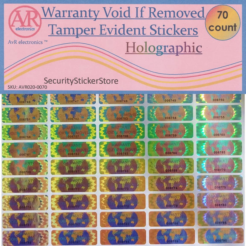 70 Hologram Tamper Evident, Tamper Proof Stickers. Warranty Void If Removed. Individual Serial Numbers. Tamper Foil Tape Labels. Destroyed Upon Removal with Residual Text Left on Item. (70 Stickers) 70 Stickers