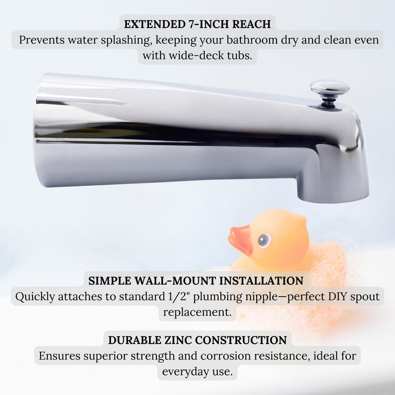 Westbrass A507D-1F-26 A507D-1F 7" Reach Wall Mount Tub Spout with Diverter, Polished Chrome