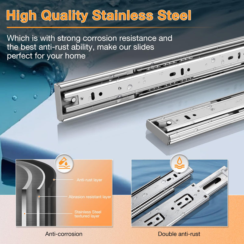 YENUO Stainless Steel Soft Close Drawer Slides Full Extension 10-24 Inch | Side Mount Heavy Duty Quiet Self Closing Cabinet Drawer Glides Rails 10–24 Inch for Kitchen Dresser Furniture Hardware 1Pair White-Stainless Soft Close 16 Inch 1