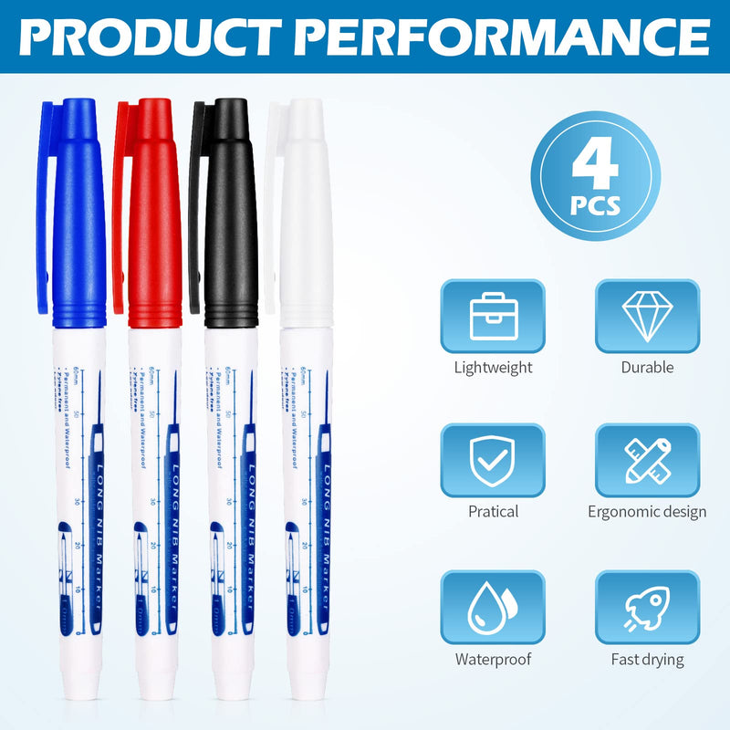 Gersoniel 4 Pcs Long Nib Marker 30 mm Deep Reach Markers Long Nose Waterproof Deep Hole Marker Carpenter Ink Reach Permanent Pens for Men Father Day Gift Carpenters Construction Builders 4 Colors