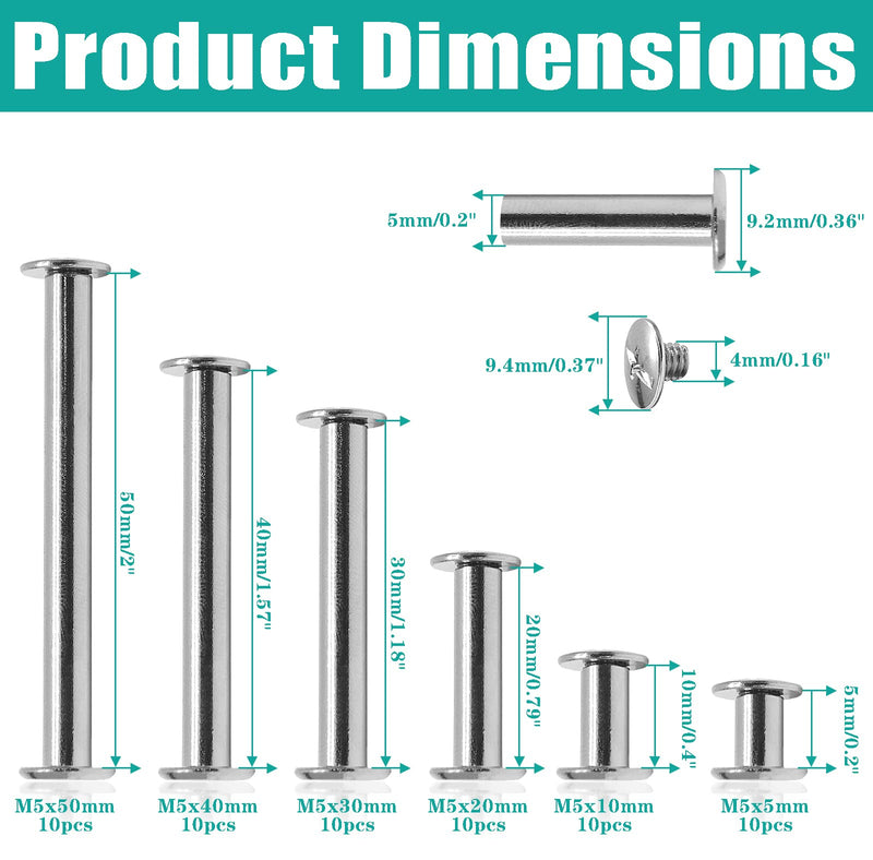 [Australia - AusPower] - Uenhoy 60 Set Silver Chicago Screws Assorted Kit M5 x 5/10/20/30/40/50mm, Metal Screw Posts Nail Rivet Chicago Button for DIY Leather Crafts Bookbinding, Round Phillips Head Stud Screw M5x5/10/20/30/40/50mm, 60 Sets 