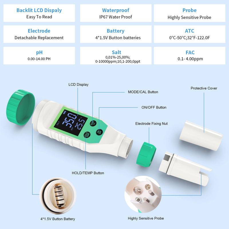[Australia - AusPower] - Pool Salt Tester, pH and Salt Meter for Saltwater Pool pH Tester and Digital Salinity Tester 7 in 1 Salinity Meter for Swimming Pools Hot Tubs and Swim Spas Green 