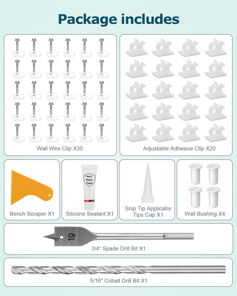 [Australia - AusPower] - Starlink Cable Routing Kit for 3/4inch Wall Hole 4 PCS White Cable Grommet for Starlink Wall Pass Through Kit with 3/4” Spade Drill Bit, 5/16" Cobalt Drill Bit, Wall Wires Cilp and Cabling Tools 3/4 Inch Kit 