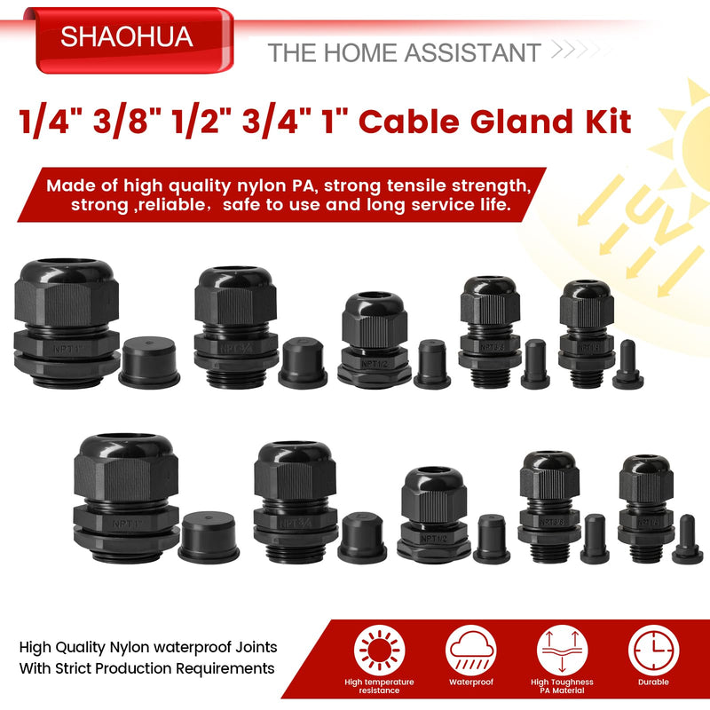 Cable Gland Kits, 40PCS Cord Grip 1/4" 3/8" 1/2" 3/4" 1" NPT Waterproof Cable Pass Through Grip w/19PCS Top Hat Rubber Grommets for Cable Glands, Strain Relief IP68 Waterproof Nylon Cord Connector 59PCS Cable Gland Kits(black)