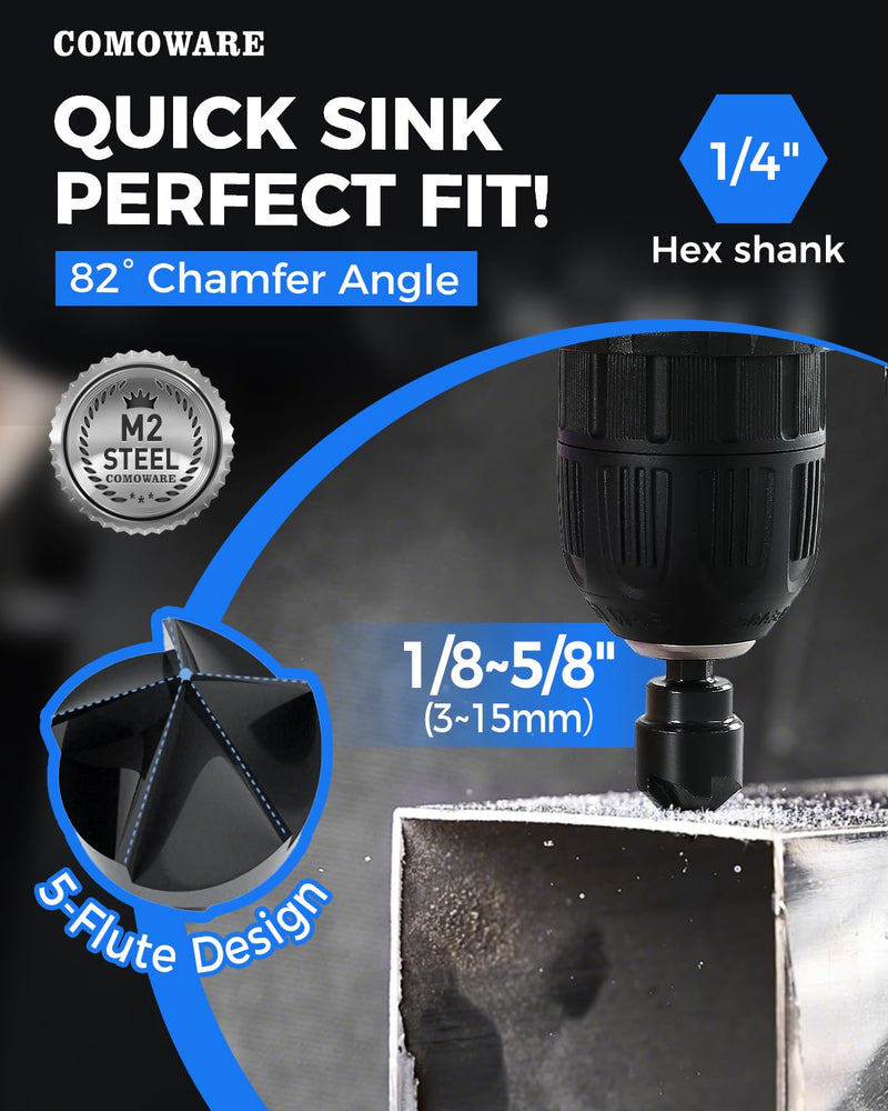 COMOWARE Threaded Rod Deburring Tool, External Chamfer Tool for Metal, Tungsten Carbide Chamfer Bit, Deburring Drill Bit, Remove Burr Tools Quick Release Shank Fits for 1/8"- 1-3/8"(3mm-35mm) 3PCS 1/8"- 1-3/8"