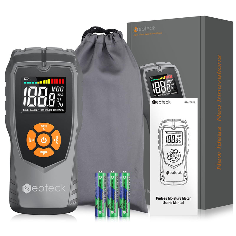 [Australia - AusPower] - Neoteck Pinless Moisture Meter Non-Destructive Wood Moisture Meter Wood Moisture Detector with LCD Display Sound Alarm for Walls, Drywall, Wood, Masonry, Woodworking, Plaster, Floor, Concrete 